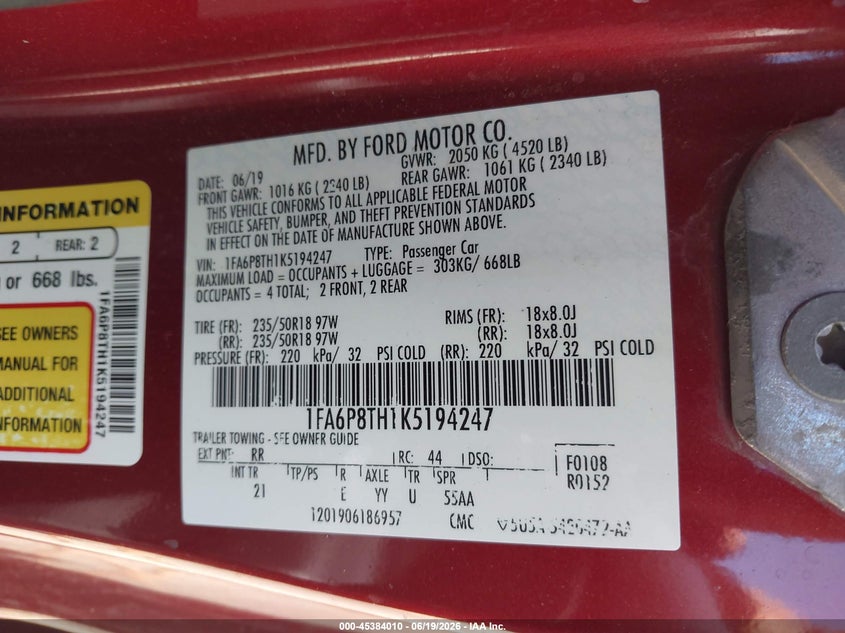 2019 Ford Mustang VIN 1FA6P8TH1K5194247 IAAI salvage auction — LEFT SIDE, Salvage (Ohio), sold $4,700 on 2026-07-18 (photo 9)