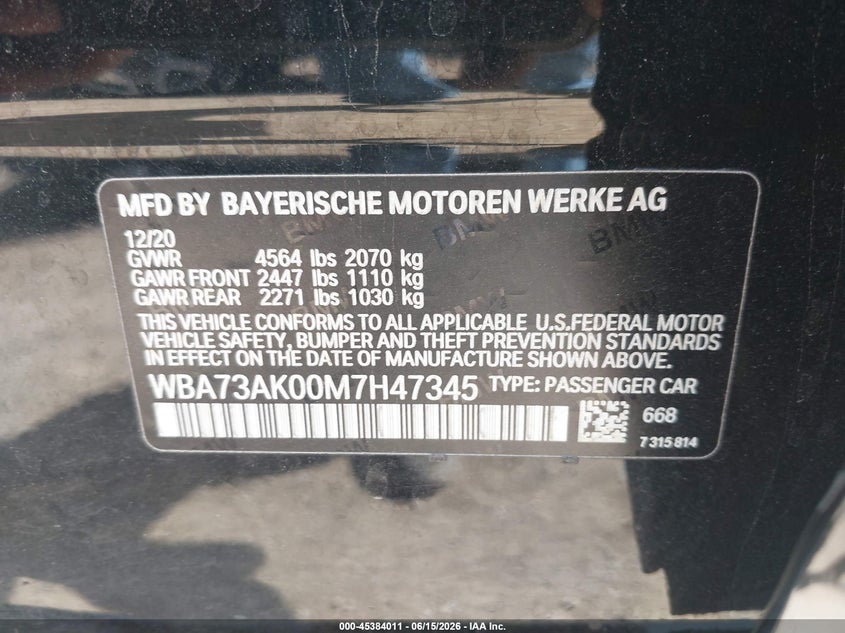 2021 BMW 2er VIN WBA73AK00M7H47345 IAAI salvage auction — FRONT END, Bill Of Sale (Washington), sold $825 on 2026-07-28 (photo 9)