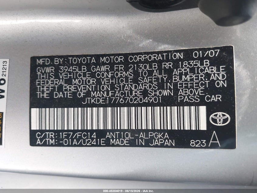 2007 Scion Tc VIN JTKDE177670204901 IAAI salvage auction — REAR END, Salvage (Arizona), sold $825 on 2026-07-07 (photo 9)