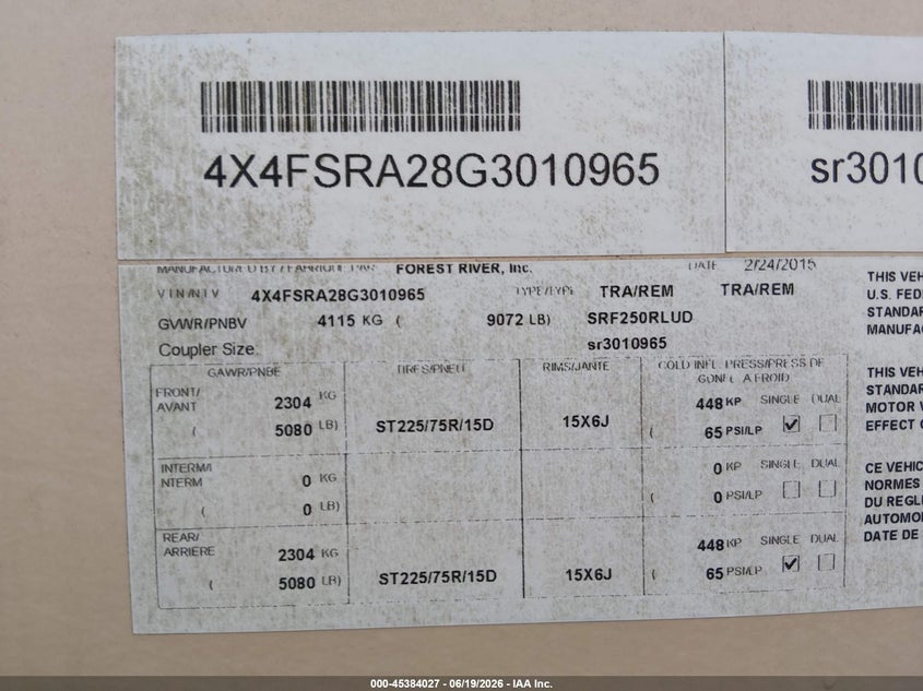 2016 Other Other VIN 4X4FSRA28G3010965 IAAI salvage auction — THEFT, Wait Title, sold $3,150 on 2026-09-30 (photo 9)