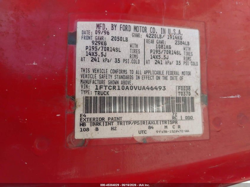 1997 Ford Ranger VIN 1FTCR10A0VUA46493 IAAI salvage auction — NORMAL WEAR, Clear - Dealer Only (California), sold $500 on 2026-07-09 (photo 9)