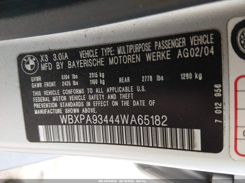 2004 BMW X3 VIN WBXPA93444WA65182 IAAI salvage auction — FRONT END, Salvage (Georgia), sold $300 on 2026-07-23 (photo 9)