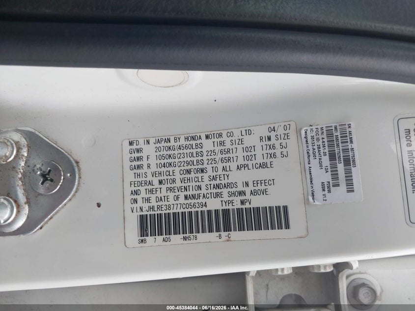 2007 Honda Cr-v VIN JHLRE38777C056394 IAAI salvage auction — FRONT END, Salvage (Georgia), sold $1,700 on 2026-07-29 (photo 9)