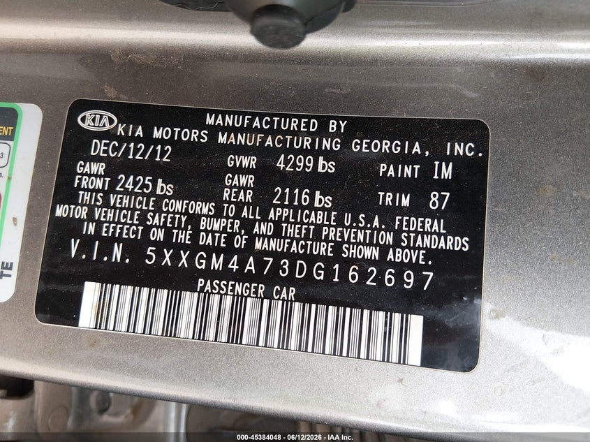 2013 Kia Optima VIN 5XXGM4A73DG162697 IAAI salvage auction — NORMAL WEAR, Clear-Dealer Only (Arizona), sold $900 on 2026-07-14 (photo 9)