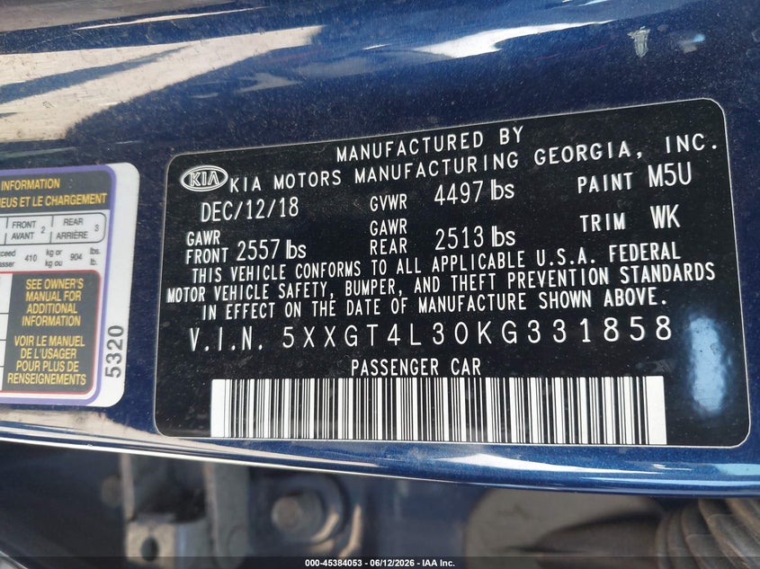 2019 Kia Optima VIN 5XXGT4L30KG331858 IAAI salvage auction — NORMAL WEAR, Clear - Dealer Only (California), sold $2,000 on 2026-07-13 (photo 9)