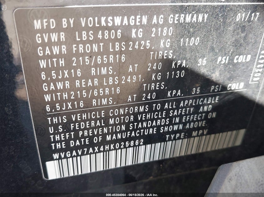 2017 Volkswagen Tiguan VIN WVGAV7AX4HK025862 IAAI salvage auction — FRONT END, Salvage Title, sold $1,925 on 2026-08-06 (photo 9)