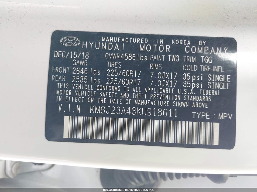 2019 Hyundai Tucson VIN KM8J23A43KU918611 IAAI salvage auction — FRONT END, Salvage (Texas), sold $3,750 on 2026-07-22 (photo 9)