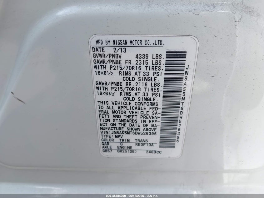 2013 Nissan Rogue VIN JN8AS5MT6DW526396 IAAI salvage auction — RIGHT FRONT, Salvage Title, sold $550 on 2026-07-10 (photo 9)