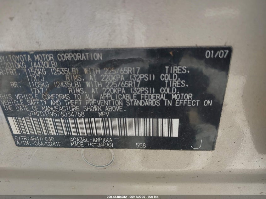 2007 Toyota Rav4 VIN JTMZD33V576034768 IAAI salvage auction — NORMAL WEAR, Clear (Indiana), sold $575 on 2026-07-22 (photo 9)