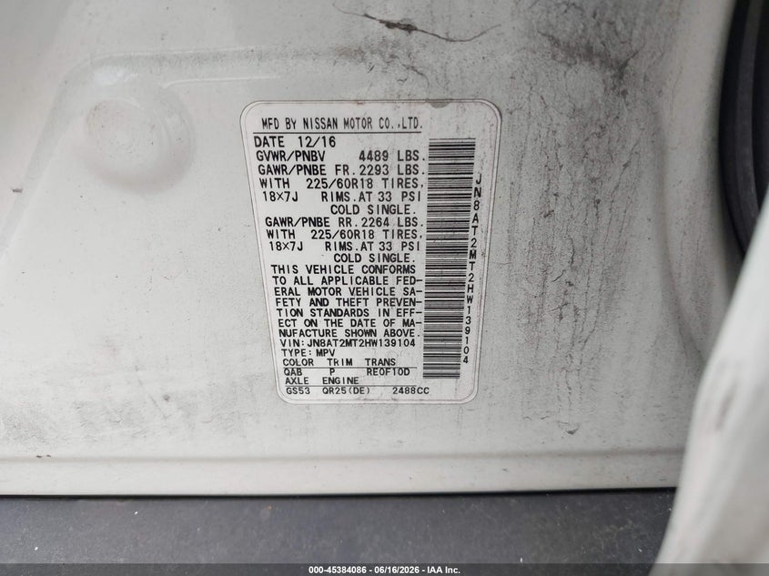 2017 Nissan Rogue VIN JN8AT2MT2HW139104 IAAI salvage auction — FRONT & REAR, Original (Texas), sold $2,125 on 2026-07-29 (photo 9)
