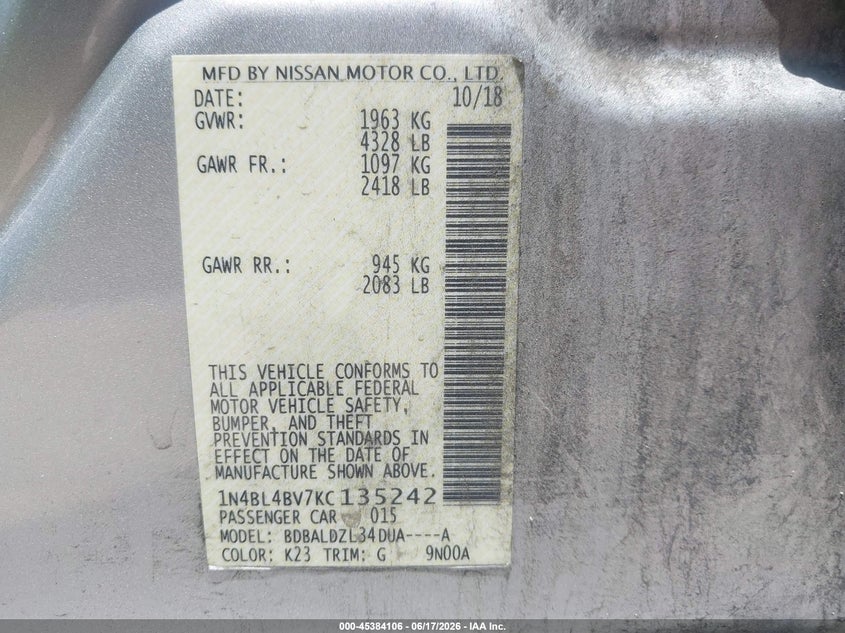 2019 Nissan Altima VIN 1N4BL4BV7KC135242 IAAI salvage auction — LEFT FRONT, Salvage Title, sold $1,150 on 2026-07-25 (photo 9)