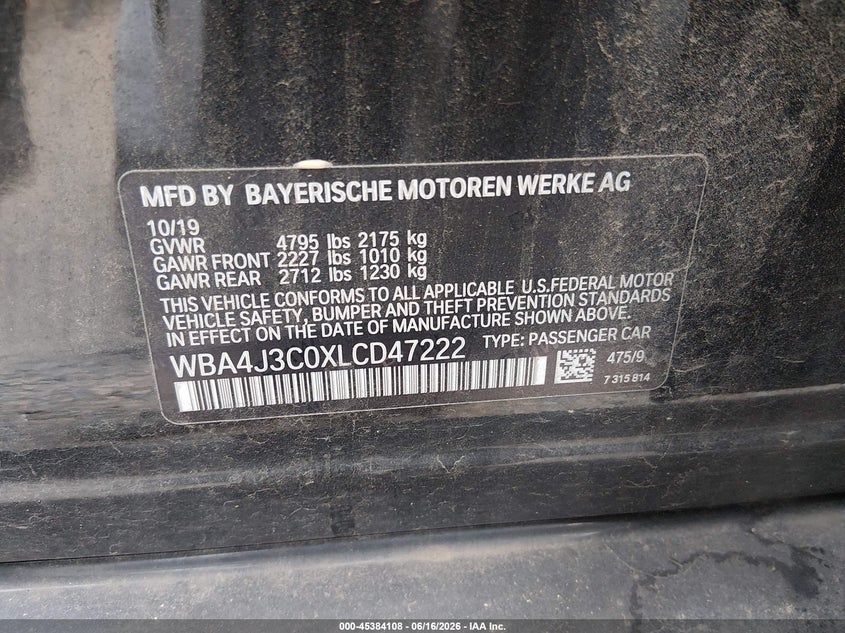 2020 BMW 4er VIN WBA4J3C0XLCD47222 IAAI salvage auction — SIDE, Salvage Title, sold $8,950 on 2026-08-10 (photo 9)