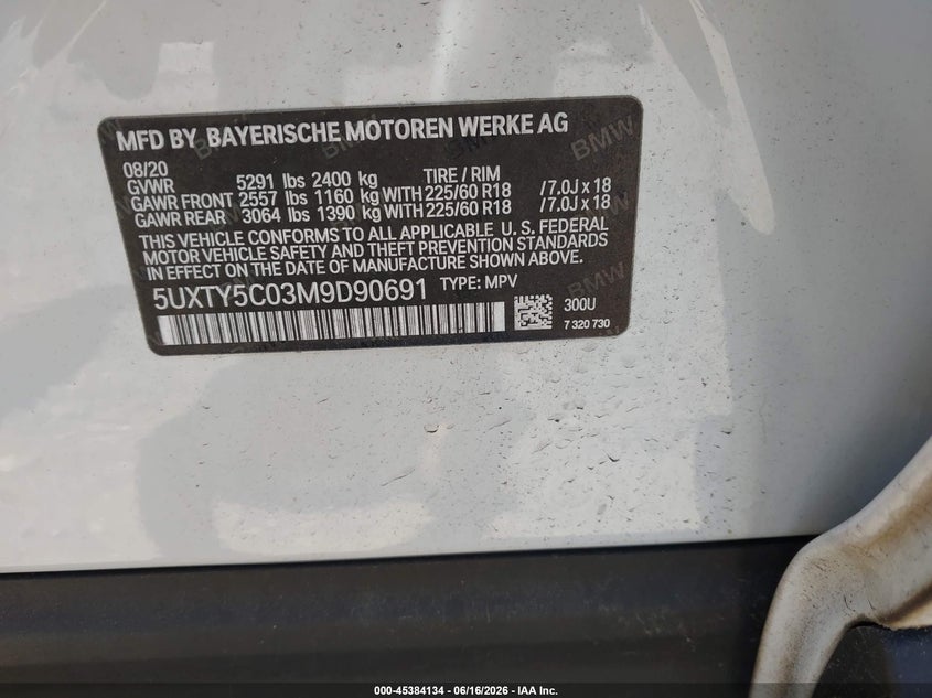 2021 BMW X3 VIN 5UXTY5C03M9D90691 IAAI salvage auction — FRONT END, Mv-907A (New York), sold $10,850 on 2026-07-14 (photo 9)