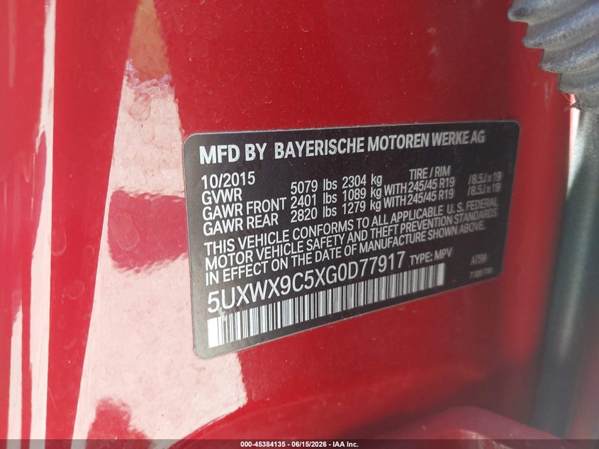2016 BMW X3 VIN 5UXWX9C5XG0D77917 IAAI salvage auction — FRONT END, Salvage (Ohio), sold $850 on 2026-07-28 (photo 9)