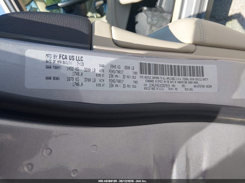 2019 Jeep Grand cherokee VIN 1C4RJFAG1KC837019 IAAI salvage auction — NORMAL WEAR, Sf97 (Maryland), sold $11,100 on 2026-08-31 (photo 9)
