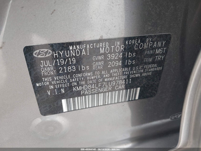 2020 Hyundai Elantra VIN KMHD84LF7LU978411 IAAI salvage auction — HAIL, Original (Texas), sold $6,600 on 2026-07-29 (photo 9)