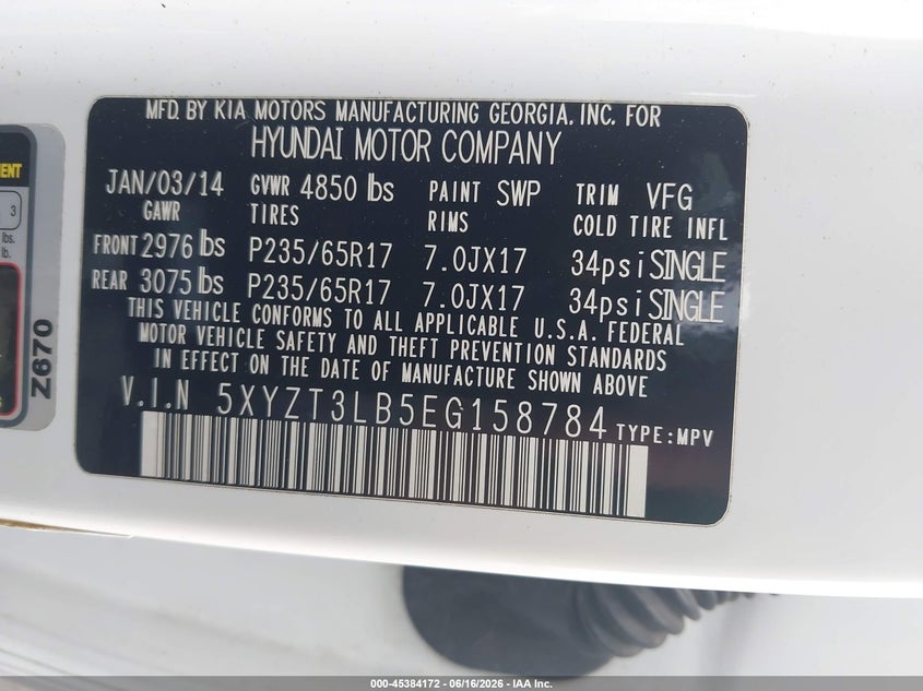 2014 Hyundai Santa fe VIN 5XYZT3LB5EG158784 IAAI salvage auction — NORMAL WEAR, Original (Texas), sold $1,650 on 2026-07-08 (photo 9)