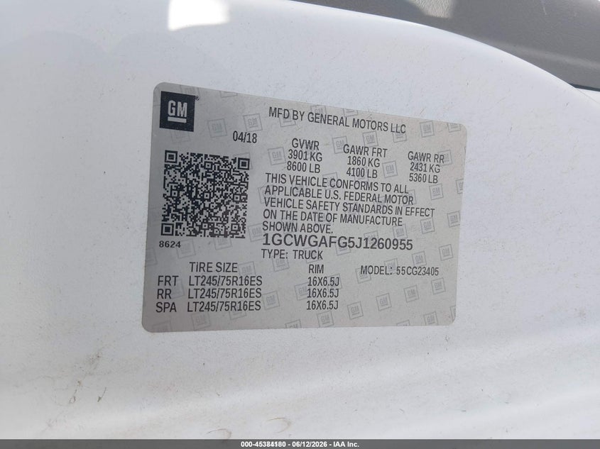 2018 Chevrolet Express 2500 VIN 1GCWGAFG5J1260955 IAAI salvage auction — NORMAL WEAR, Sf97 (Maryland), sold $20,600 on 2026-08-18 (photo 9)