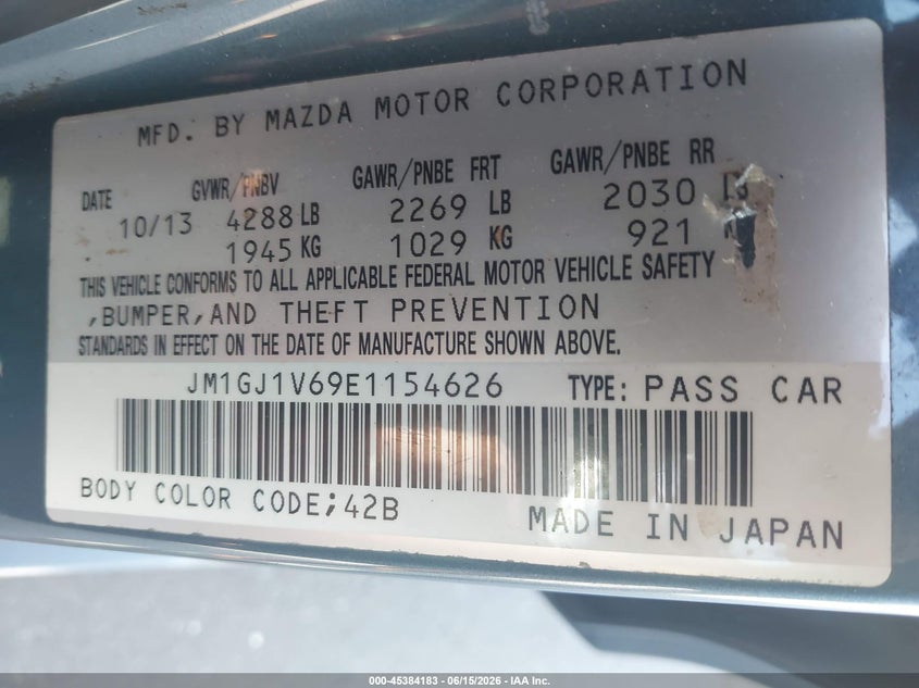 2014 Mazda 6 VIN JM1GJ1V69E1154626 IAAI salvage auction — REAR END, Rebuildable (Florida), sold $1,900 on 2026-07-13 (photo 9)