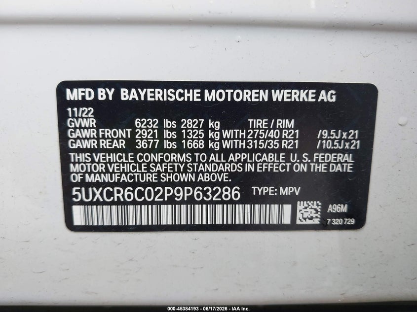 2023 BMW X5 VIN 5UXCR6C02P9P63286 IAAI salvage auction — REAR END, Salvage (Mississippi), sold $27,750 on 2026-07-12 (photo 9)