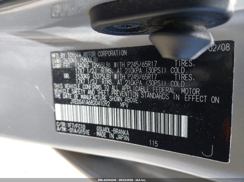 2008 Toyota Highlander VIN JTEDS41A682041092 IAAI salvage auction — UNKNOWN, Salvage (Illinois), sold $1,300 on 2026-07-28 (photo 9)