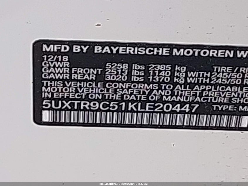 2019 BMW X3 VIN 5UXTR9C51KLE20447 IAAI salvage auction — FRONT & REAR, Salvage Title, sold $5,700 on 2026-07-28 (photo 9)