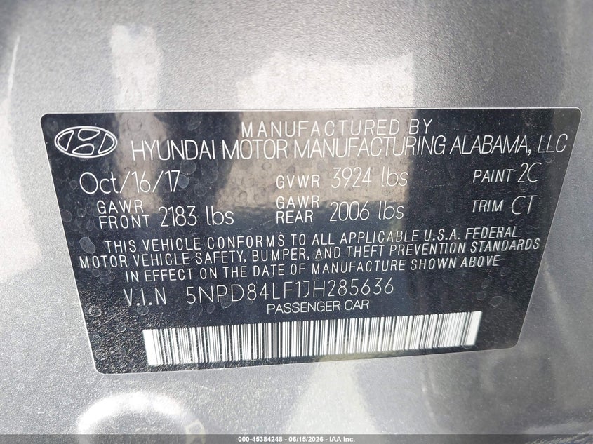 2018 Hyundai Elantra VIN 5NPD84LF1JH285636 IAAI salvage auction — FRONT END, Salvage (California), sold $3,550 on 2026-07-05 (photo 9)