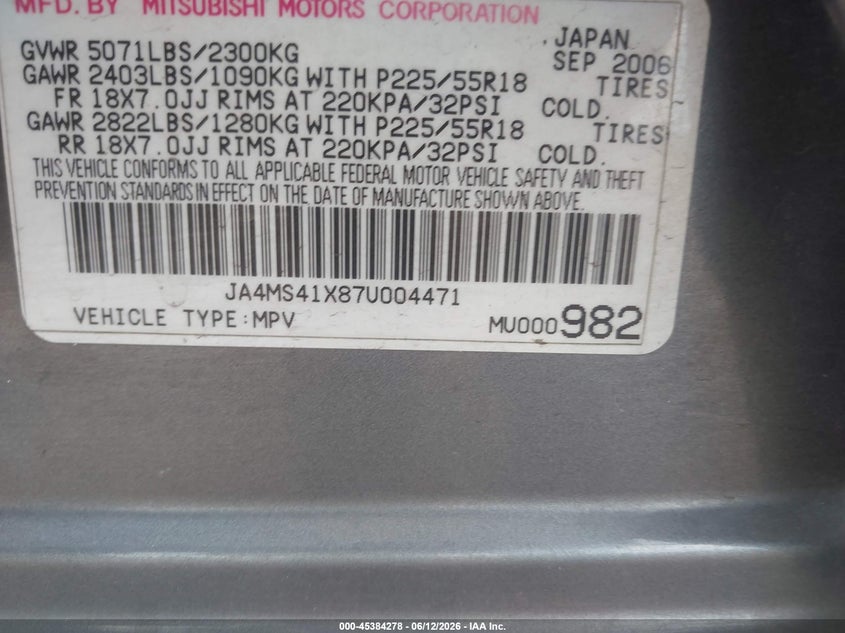 2007 Mitsubishi Outlander VIN JA4MS41X87U004471 IAAI salvage auction — NORMAL WEAR, Clear (Arizona), sold $300 on 2026-07-14 (photo 9)