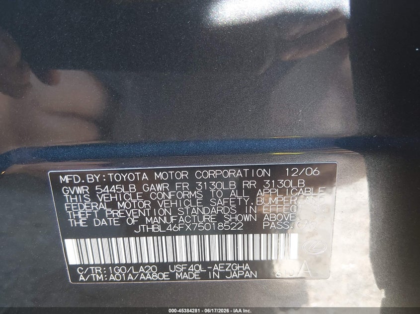 2007 Lexus Ls 460 VIN JTHBL46FX75018522 IAAI salvage auction — FRONT END, Salvage (Tennessee), sold $1,650 on 2026-07-30 (photo 9)