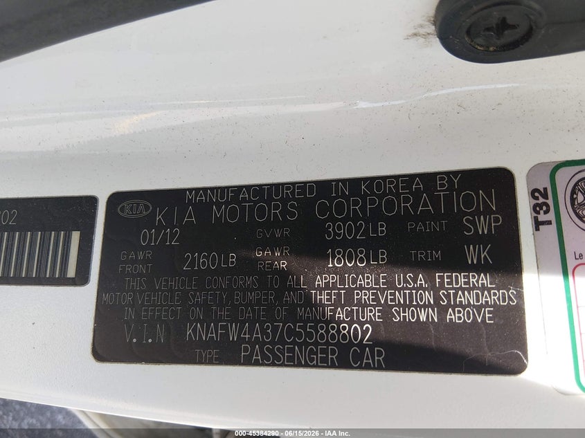 2012 Kia Forte VIN KNAFW4A37C5588802 IAAI salvage auction — LEFT SIDE, Salvage Title, sold $475 on 2026-07-29 (photo 9)
