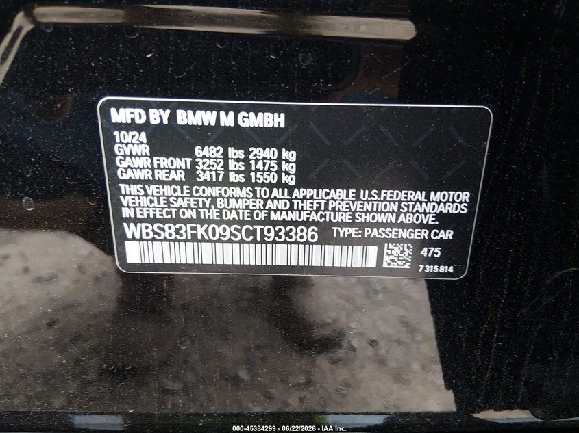 2025 BMW M5 VIN WBS83FK09SCT93386 IAAI salvage auction — UNKNOWN, Salvage (Tennessee), sold $65,250 on 2026-07-13 (photo 9)