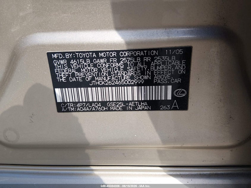 2006 Lexus Is 250 VIN JTHCK262465002999 IAAI salvage auction — NORMAL WEAR, Salvage (Texas), sold $500 on 2026-07-28 (photo 9)