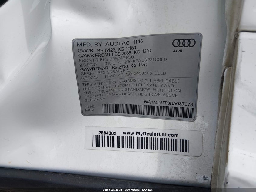 2017 Audi Q5 VIN WA1M2AFP3HA087978 IAAI salvage auction — SIDE, Salvage Title, sold $2,500 on 2026-07-18 (photo 9)