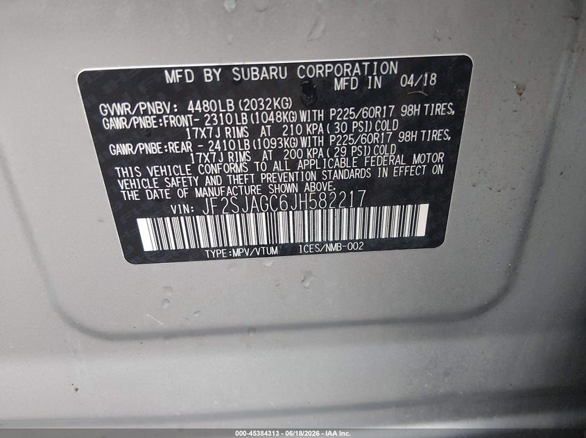 2018 Subaru Forester VIN JF2SJAGC6JH582217 IAAI salvage auction — HAIL, Salvage (Ohio), sold $4,000 on 2026-07-14 (photo 9)