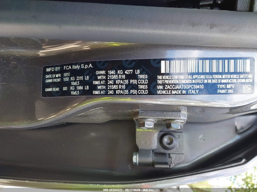2016 Jeep Renegade VIN ZACCJAAT0GPC59410 IAAI salvage auction — FRONT END, Clear (Massachusetts), sold $1,650 on 2026-07-07 (photo 9)