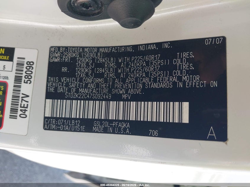 2007 Toyota Sienna VIN 5TDZK22C47S092449 IAAI salvage auction — FRONT END, Salvage (Iowa), sold $575 on 2026-07-21 (photo 9)