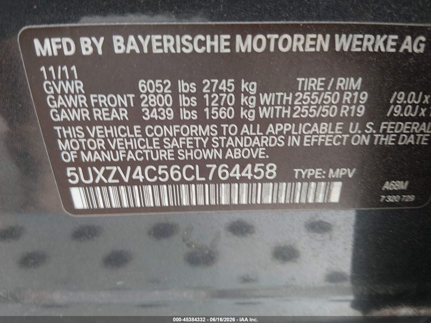 2012 BMW X5 VIN 5UXZV4C56CL764458 IAAI salvage auction — FRONT END, Salvage (North Carolina), sold $25 on 2026-07-29 (photo 9)
