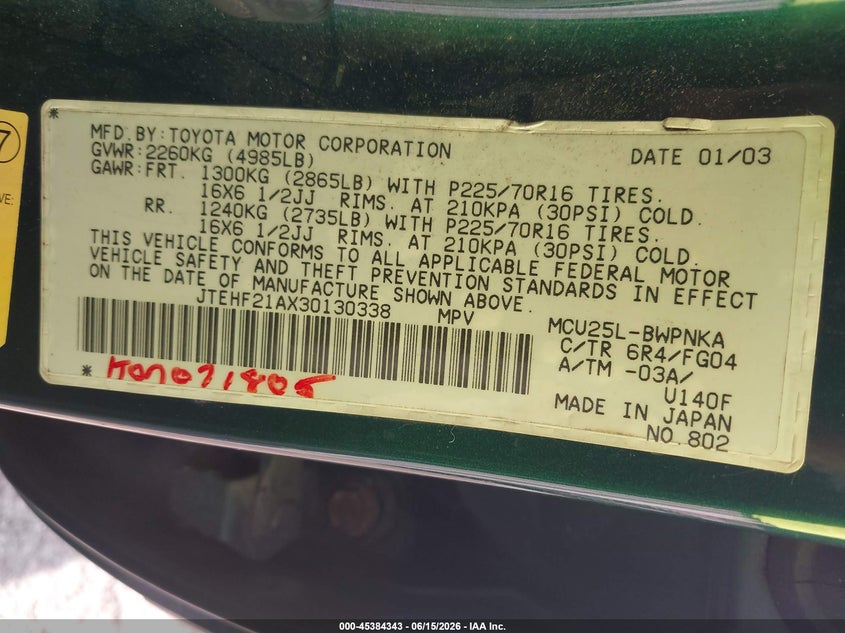 2003 Toyota Highlander VIN JTEHF21AX30130338 IAAI salvage auction — NORMAL WEAR, Clear (Florida), sold $1,100 on 2026-07-16 (photo 9)