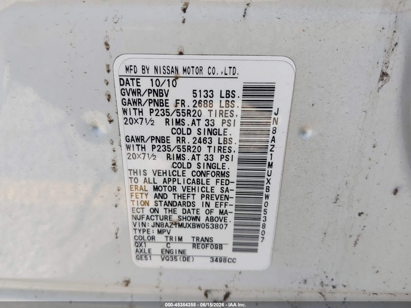 2011 Nissan Murano VIN JN8AZ1MUXBW053807 IAAI salvage auction — LEFT SIDE, Salvage (California), sold $325 on 2026-07-16 (photo 9)