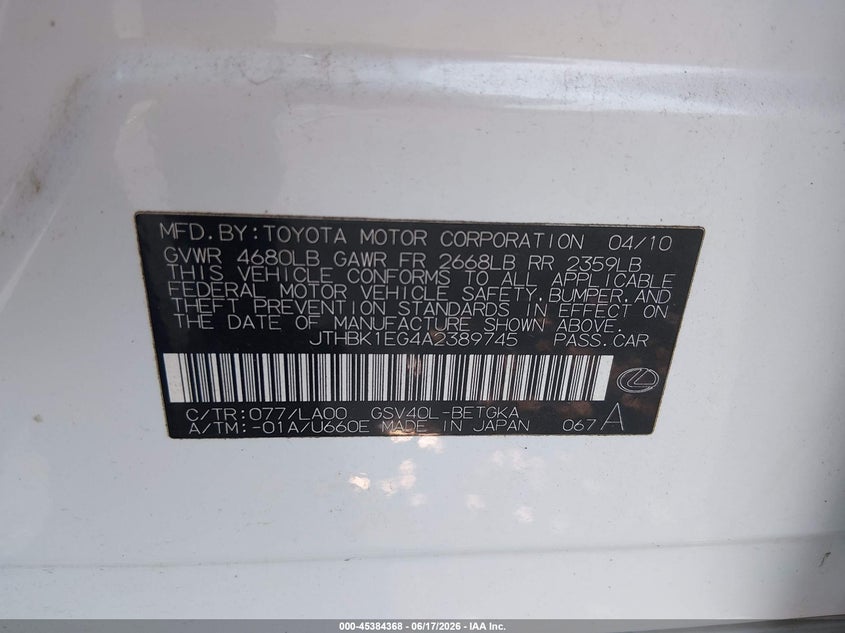 2010 Lexus Es 350 VIN JTHBK1EG4A2389745 IAAI salvage auction — REAR END, Salvage (Mississippi), sold $925 on 2026-07-08 (photo 9)
