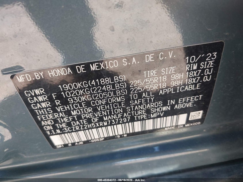 2024 Honda Hr-v VIN 3CZRZ2H5XRM737297 IAAI salvage auction — FRONT & REAR, Salvage (Indiana), sold $7,000 on 2026-07-18 (photo 9)