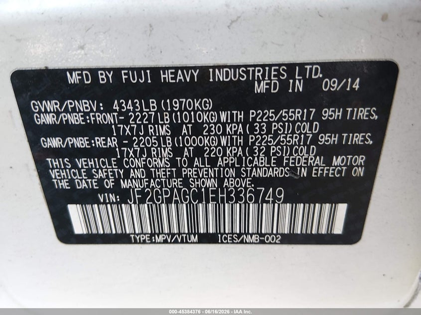 2014 Subaru Xv VIN JF2GPAGC1EH336749 IAAI salvage auction — HAIL, Clear (Oklahoma), sold $1,900 on 2026-08-01 (photo 9)