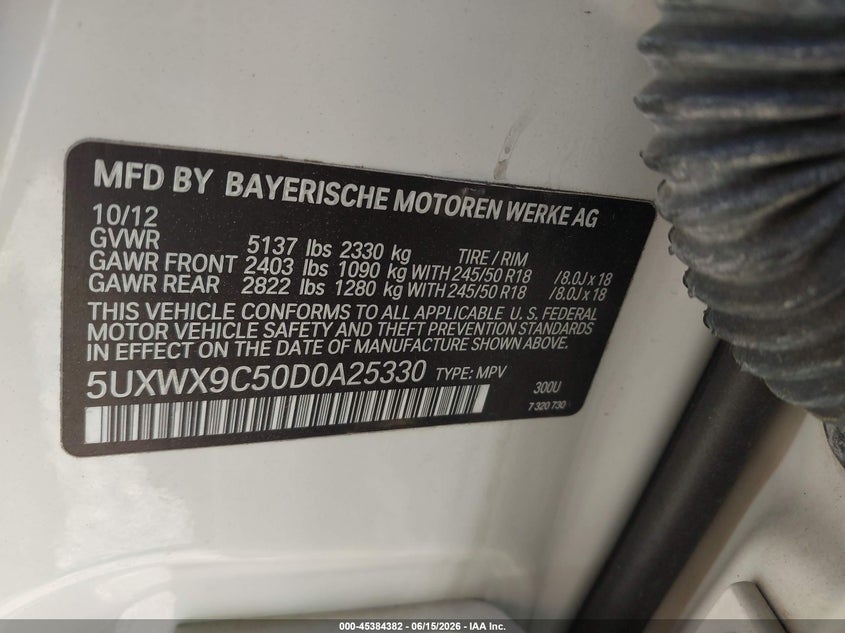 2013 BMW X3 VIN 5UXWX9C50D0A25330 IAAI salvage auction — NORMAL WEAR, Clear-Dealer Only (North Carolina), sold $775 on 2026-07-13 (photo 9)
