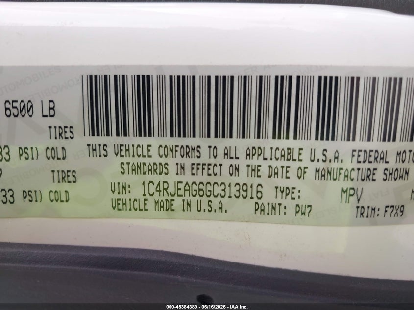 2016 Jeep Grand cherokee VIN 1C4RJEAG6GC313916 IAAI salvage auction — FRONT END, Salvage Title, sold $2,075 on 2026-09-14 (photo 9)