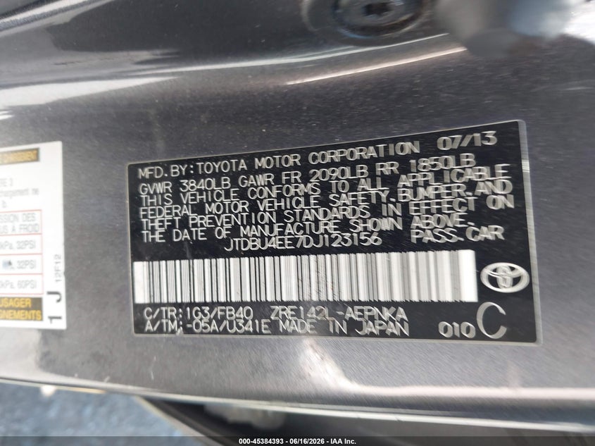 2013 Toyota Corolla VIN JTDBU4EE7DJ123156 IAAI salvage auction — FRONT END, Salvage (New Jersey), sold $1,200 on 2026-07-31 (photo 9)