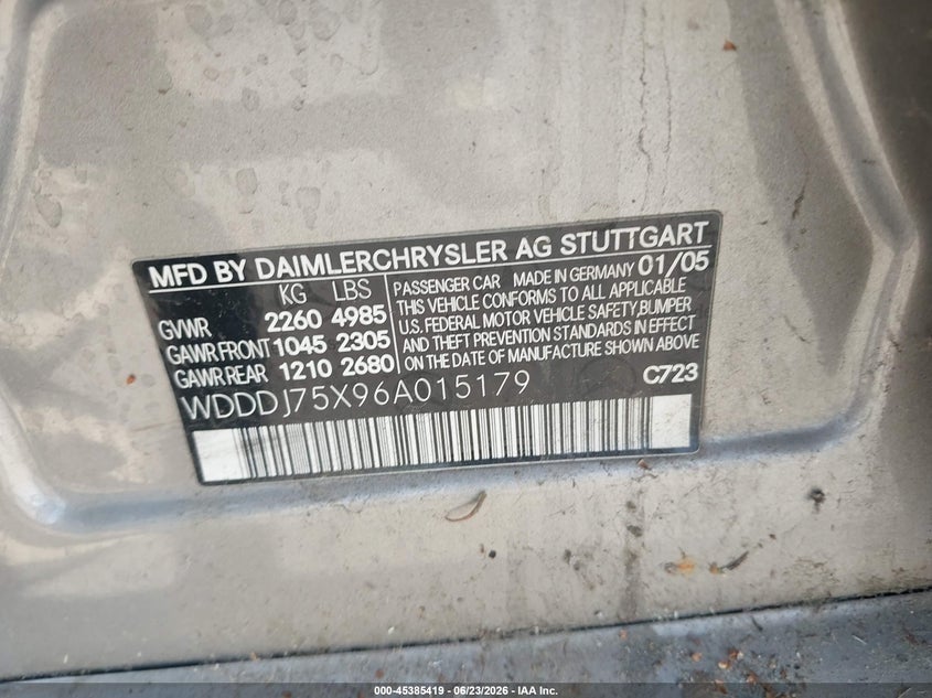 2006 Mercedes-benz Cls-class VIN WDDDJ75X96A015179 IAAI salvage auction — NORMAL WEAR, App For Dup Clear (California), sold $875 on 2026-07-21 (photo 9)