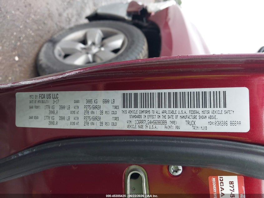2017 Ram 1500 VIN 1C6RR7LG4HS698389 IAAI salvage auction — LEFT FRONT, Salvage (Ohio), sold $3,050 on 2026-07-09 (photo 9)