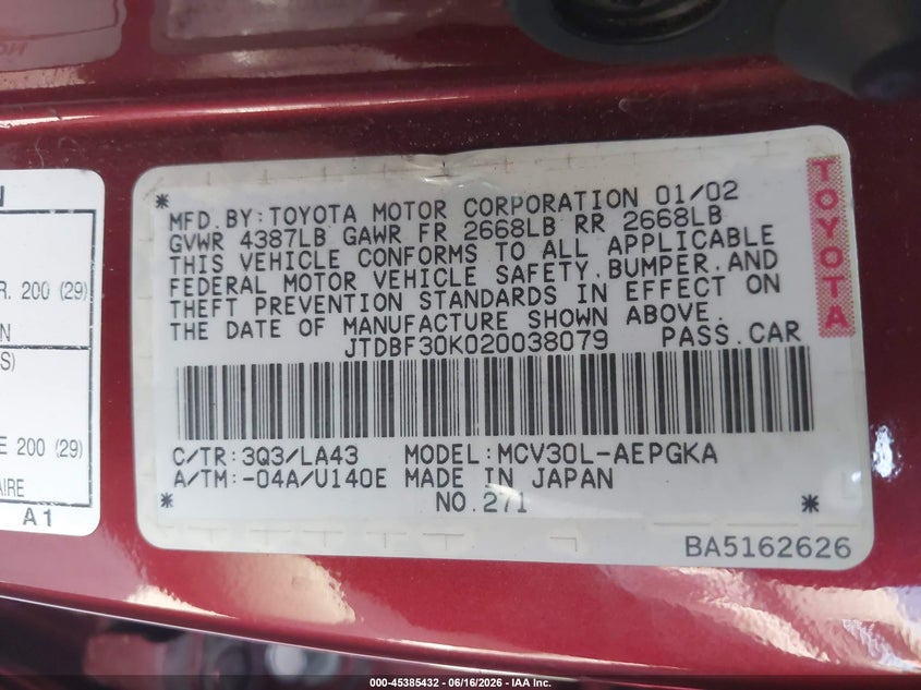 2002 Toyota Camry VIN JTDBF30K020038079 IAAI salvage auction — RIGHT FRONT, Salvage (Arizona), sold $650 on 2026-07-14 (photo 9)