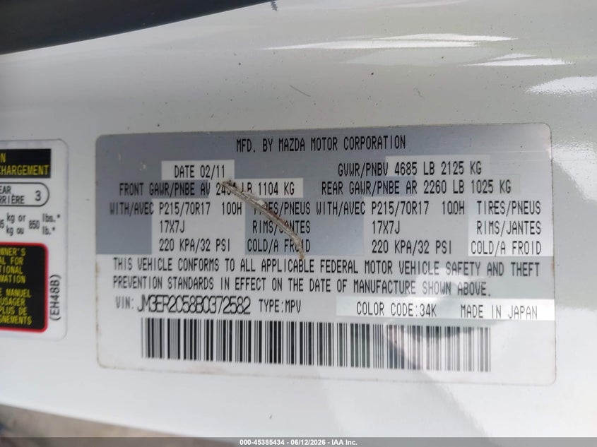 2011 Mazda Cx-7 VIN JM3ER2C58B0372582 IAAI salvage auction — UNKNOWN, Clear (Florida), sold $375 on 2026-07-21 (photo 9)