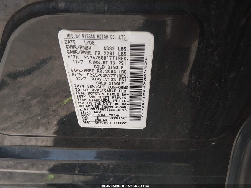2008 Nissan Rogue VIN JN8AS58T88W300120 IAAI salvage auction — FRONT END, Junk (Oklahoma), sold $400 on 2026-07-14 (photo 9)
